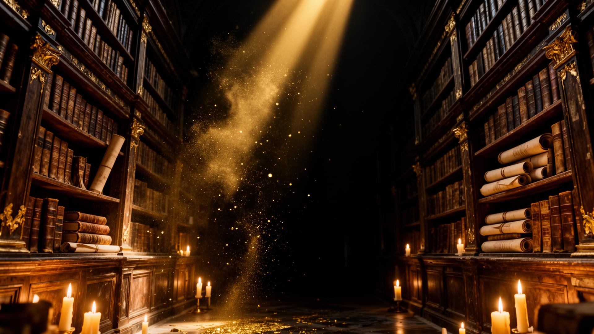 Biblioteca secreta com manuscritos antigos iluminados por luz dourada